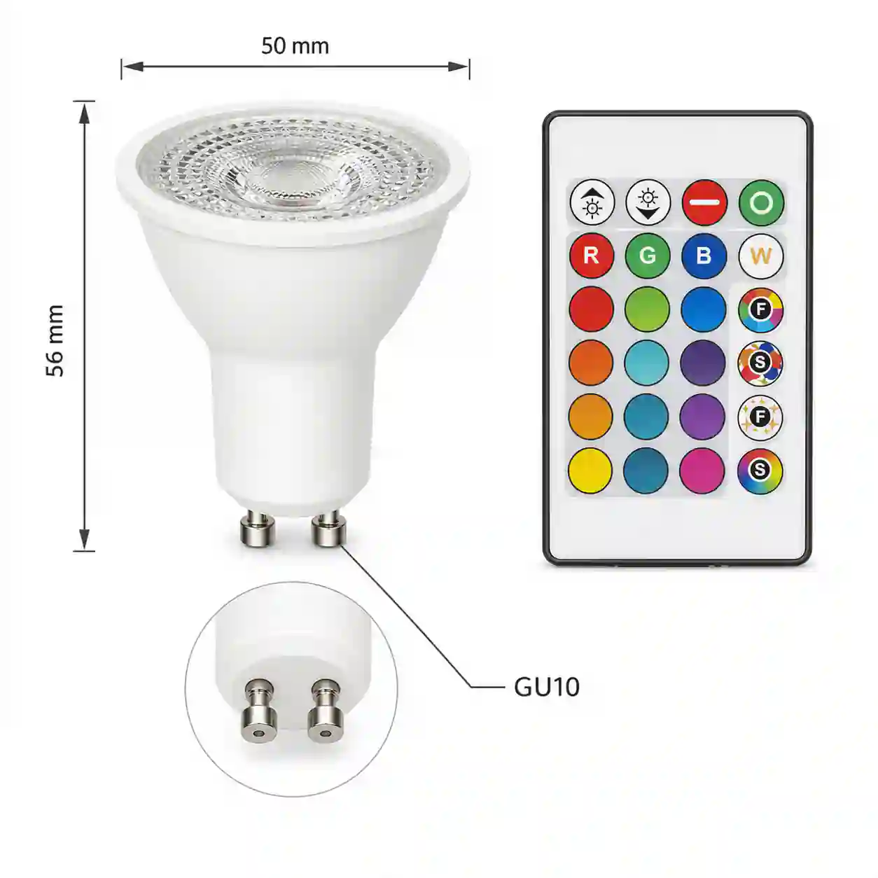 LED žárovka RGB GU10 zezadu s paticí